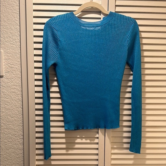 Mango Blue Ribbed Long Sleeve Tie Front Blouse - Picture 3 of 5